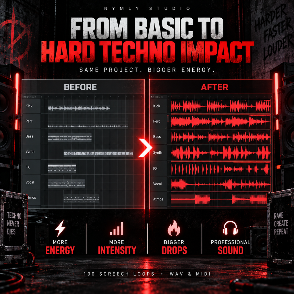 Promotional graphic for a digital audio sample pack titled 'FROM BASIC TO HARD TECHNO IMPACT' by Nymly Studio. The design uses a dark, high-contrast techno aesthetic with red glowing accents and black panels.