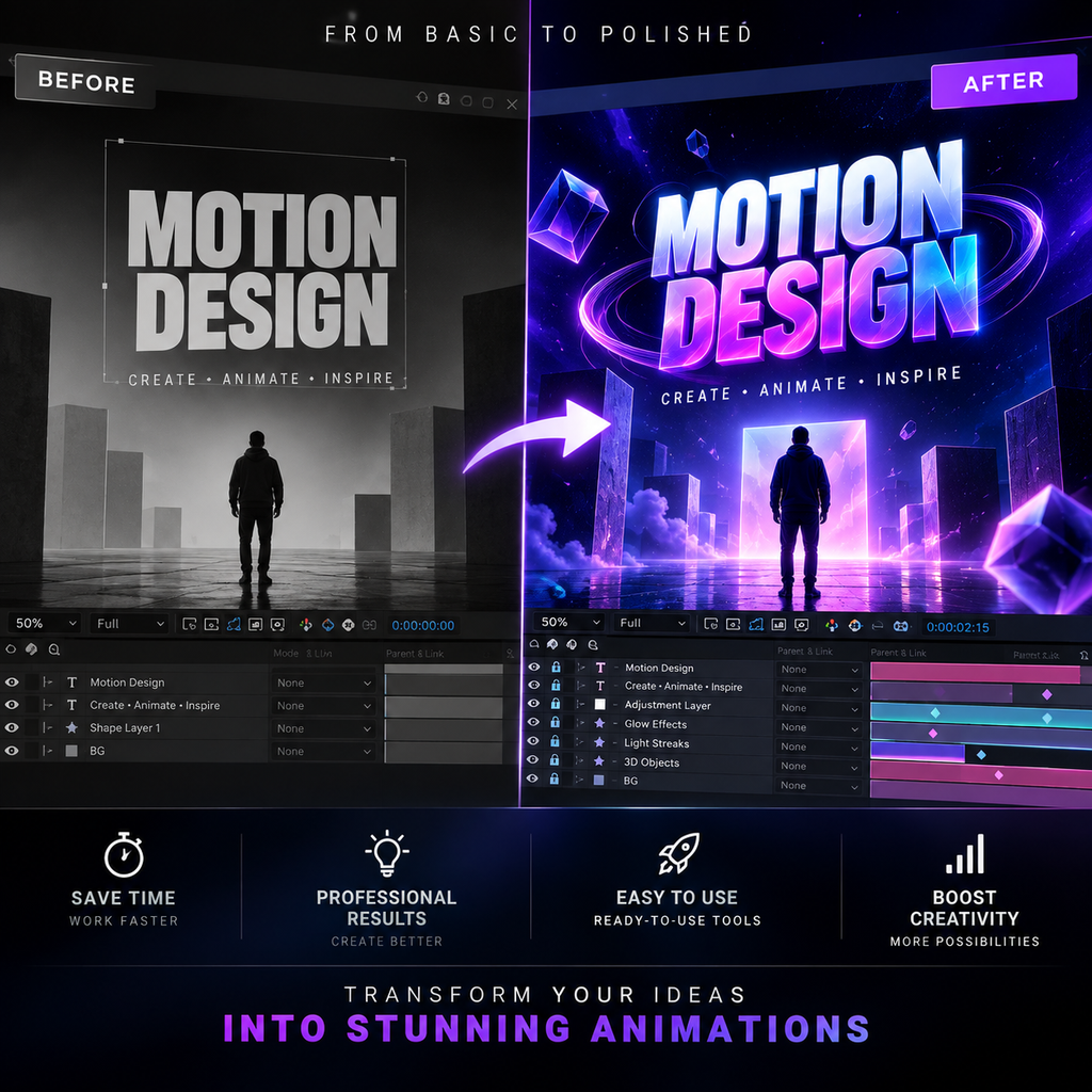 Promotional graphic for a motion design course or software feature, showing a before-and-after comparison. The left side is dark and labeled 'BEFORE' with a minimalist silhouette and the text 'MOTION DESIGN'.