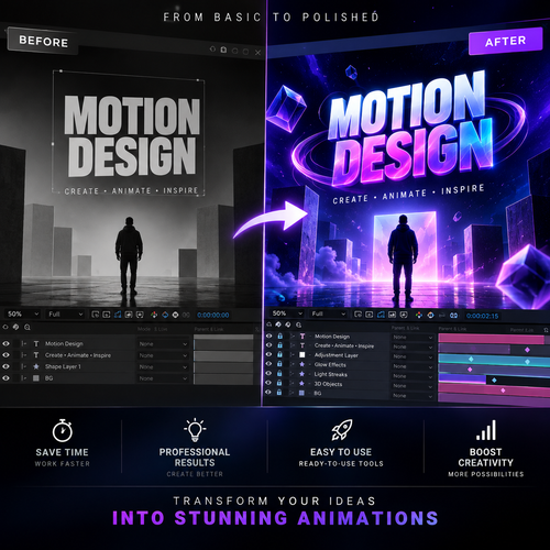 Promotional graphic for a motion design course or software feature, showing a before-and-after comparison. The left side is dark and labeled 'BEFORE' with a minimalist silhouette and the text 'MOTION DESIGN'.