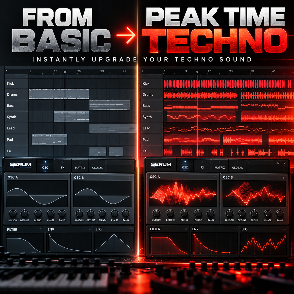 Before and after Peak Time Techno Serum presets transforming a basic track into an energetic techno production.