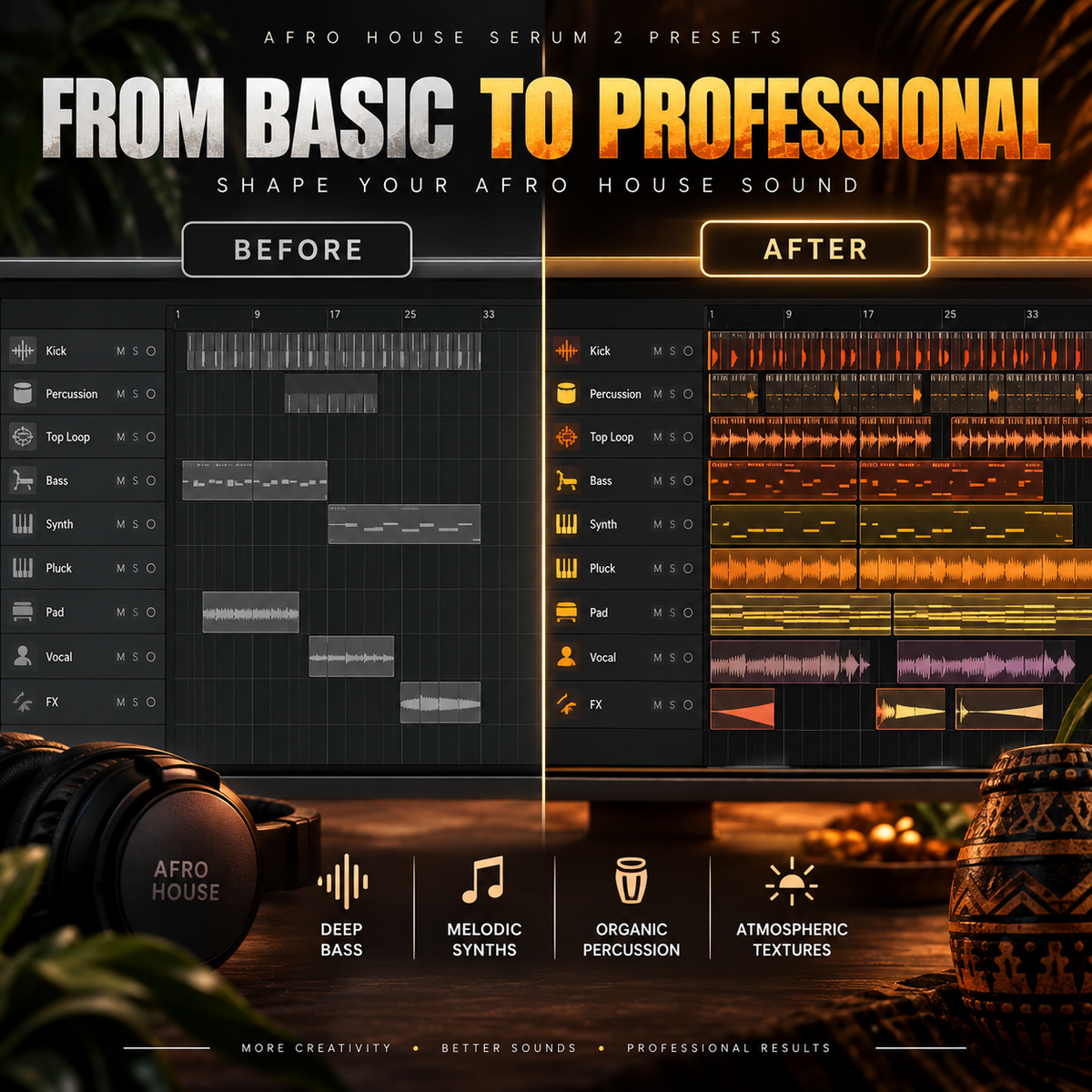 Promotional graphic for Afro House Serum 2 presets, showing a before-and-after comparison of audio track organization in a dark digital audio workstation interface. Large text reads 'FROM BASIC TO PROFESSIONAL' with 'AFRO HOUSE SERUM 2 PRESETS' at the top.