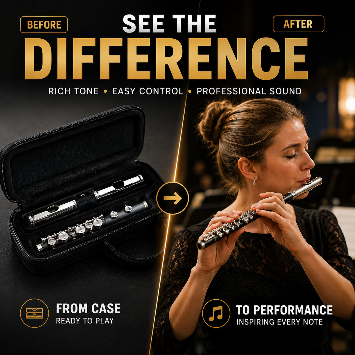 Promotional split graphic showing a flute in an open black case on the left and a woman playing the flute on the right, with large text reading 'SEE THE DIFFERENCE' and smaller callouts about rich tone, easy control, professional sound, ready to play, and inspiring every note.