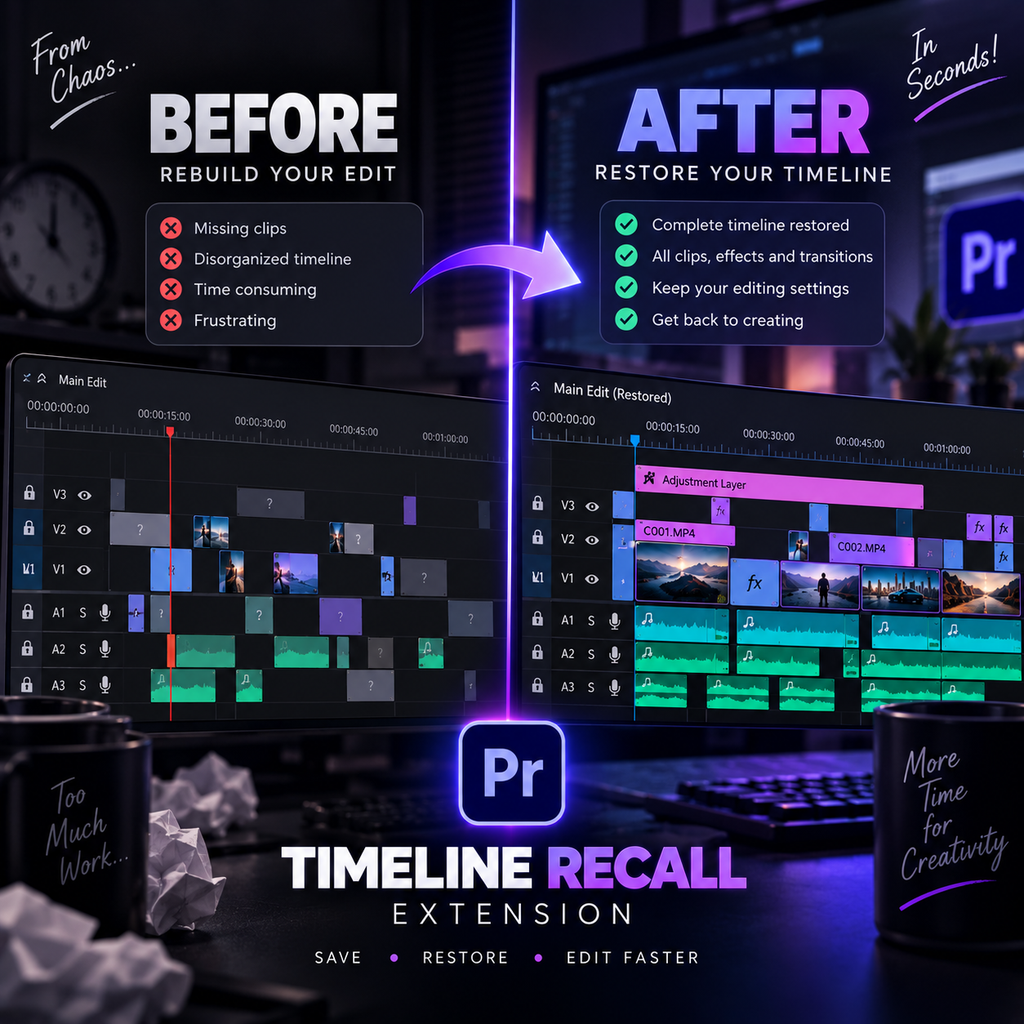 Promotional graphic for a Timeline Recall Extension for Adobe Premiere Pro, showing a split-screen comparison of a disorganized editing timeline labeled 'BEFORE' on the left and a restored, clean timeline labeled 'AFTER' on the right. The graphic includes text highlighting key benefits, the Adobe Premiere Pro logo, and two black mugs in the foreground with motivational quotes.