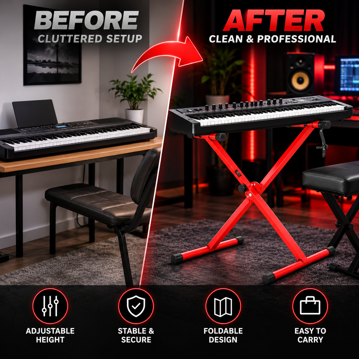 A split before-and-after promotional graphic showing a keyboard on a red folding stand in a music room. The left side labeled 'BEFORE CLUTTERED SETUP' shows the keyboard on a desk with a bench and other room clutter.