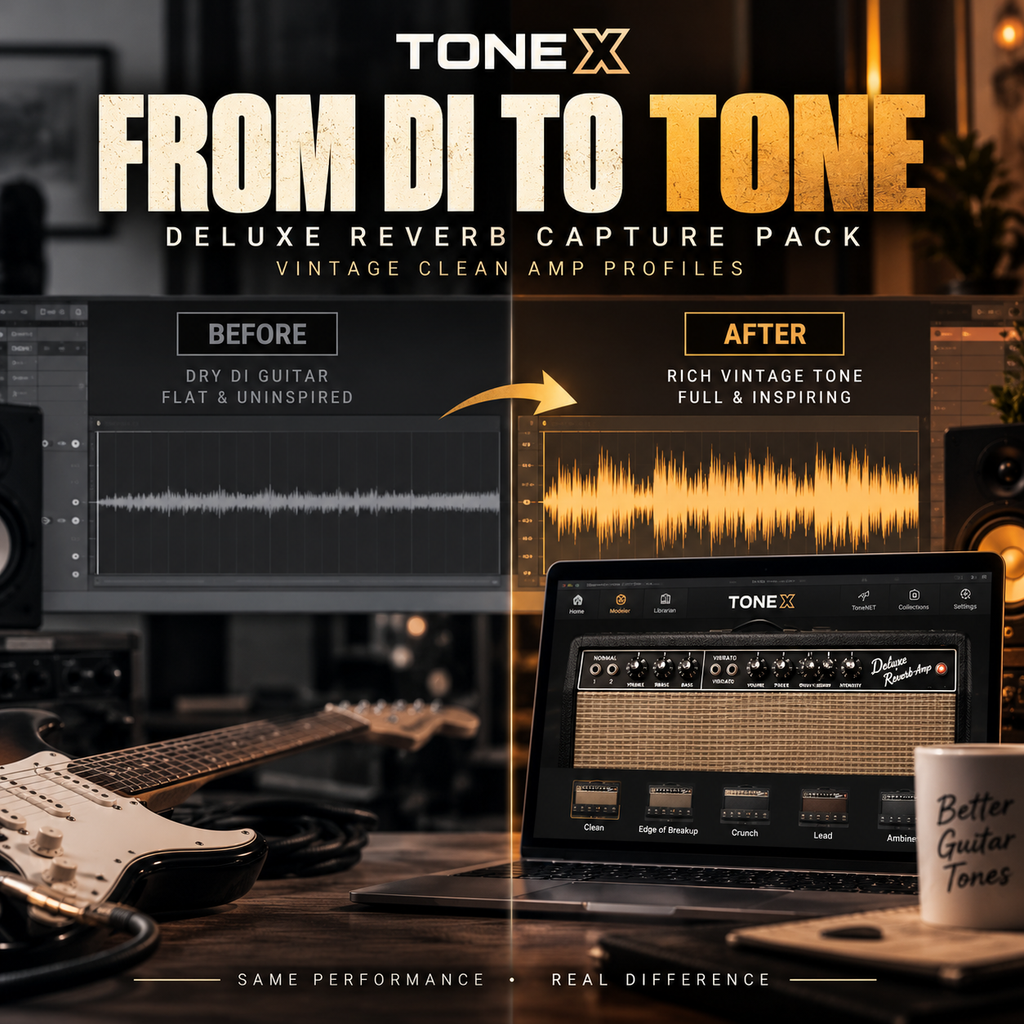 Promotional graphic for the Tone X From Di to Tone Deluxe Reverb Capture Pack, showing a split-screen comparison of a guitar amp's reverb effect on a laptop and desktop monitor, with a guitar, cables, and a mug on a desk in a dark studio setting.