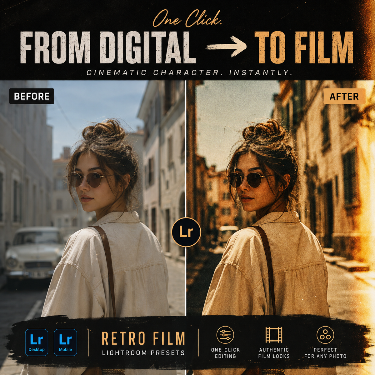 Promotional graphic for a digital Lightroom preset pack titled 'Retro Film'. The image features a split-screen 'Before' and 'After' demonstration showing a woman in a street scene with cool blue-gray tones versus warm golden-brown retro film tones.