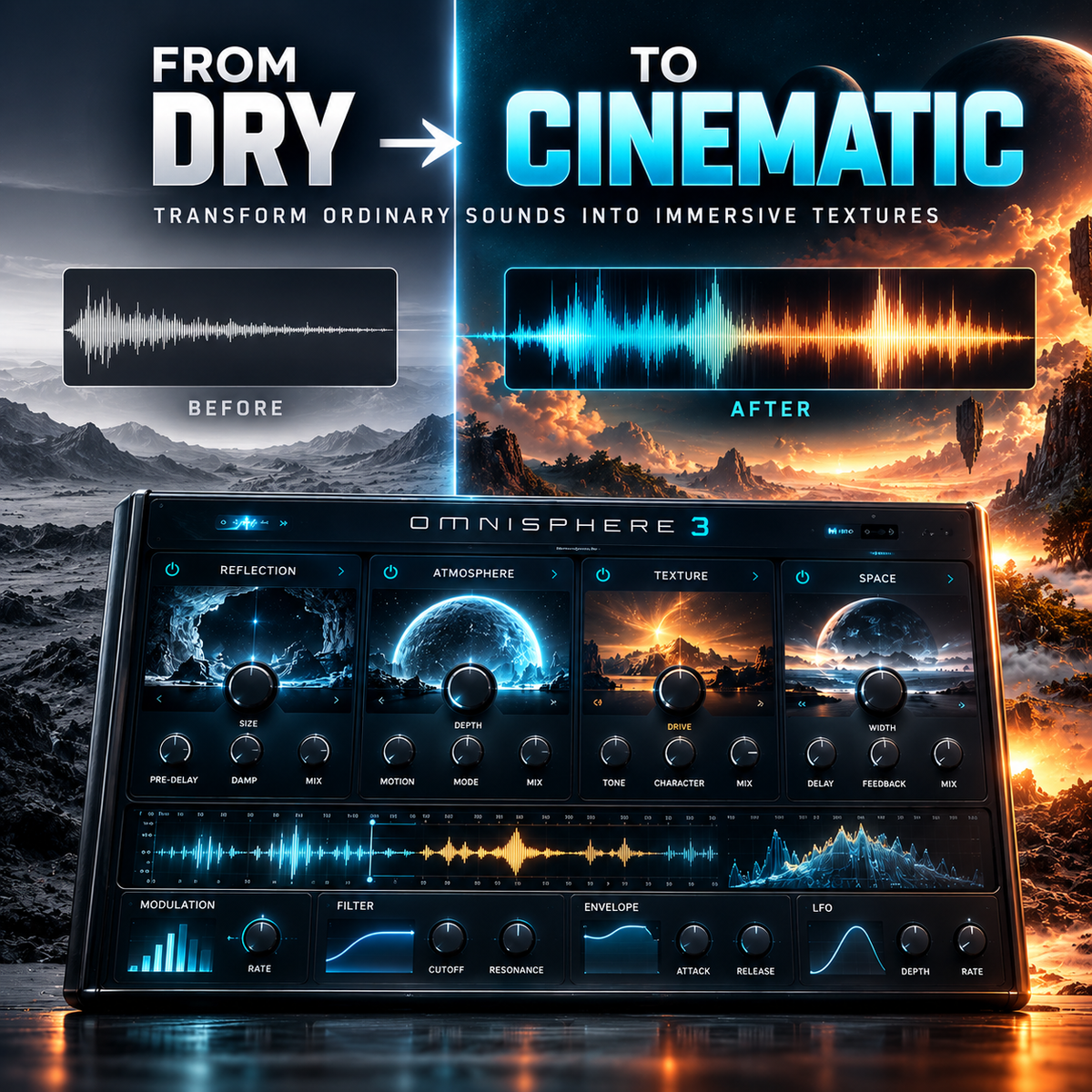 Before and after using Omnisphere 3 FX Rack presets for cinematic ambient sound design