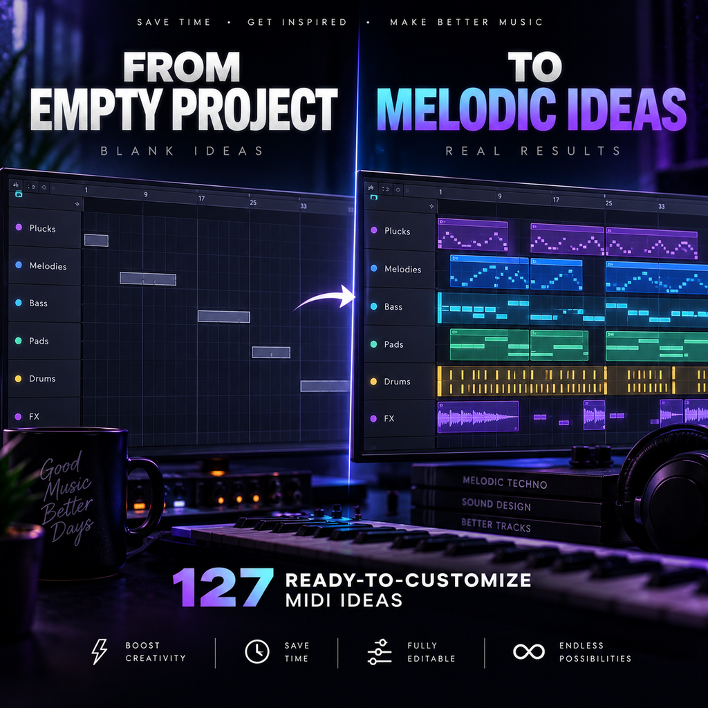 Melodic Techno MIDI pack showing a transformation from an empty project to a layered melodic arrangement.