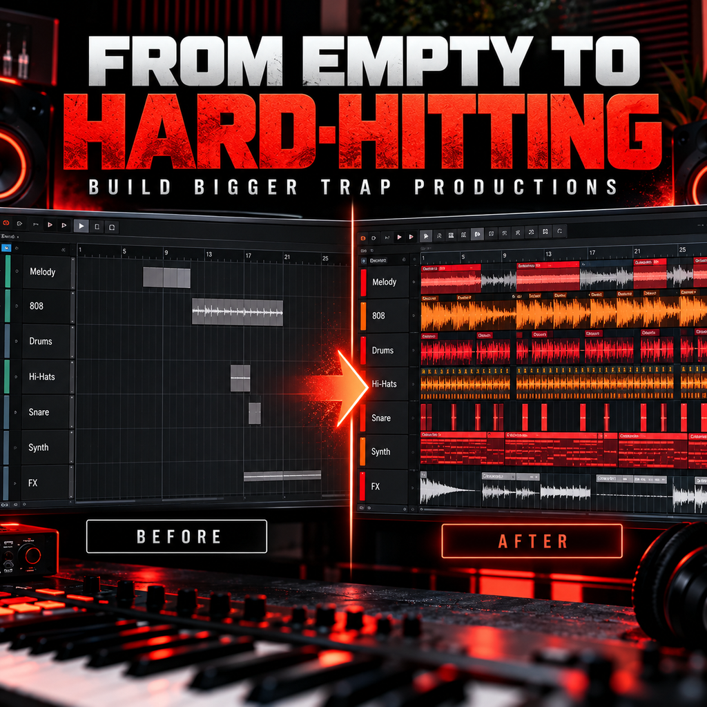 Promotional graphic for a digital audio workstation or production course, showing a computer screen with a music production interface labeled 'Before' and 'After' with a glowing red arrow between them. Large text at the top reads 'FROM EMPTY TO HARD-HITTING' and 'BUILD BIGGER TRAP PRODUCTIONS.