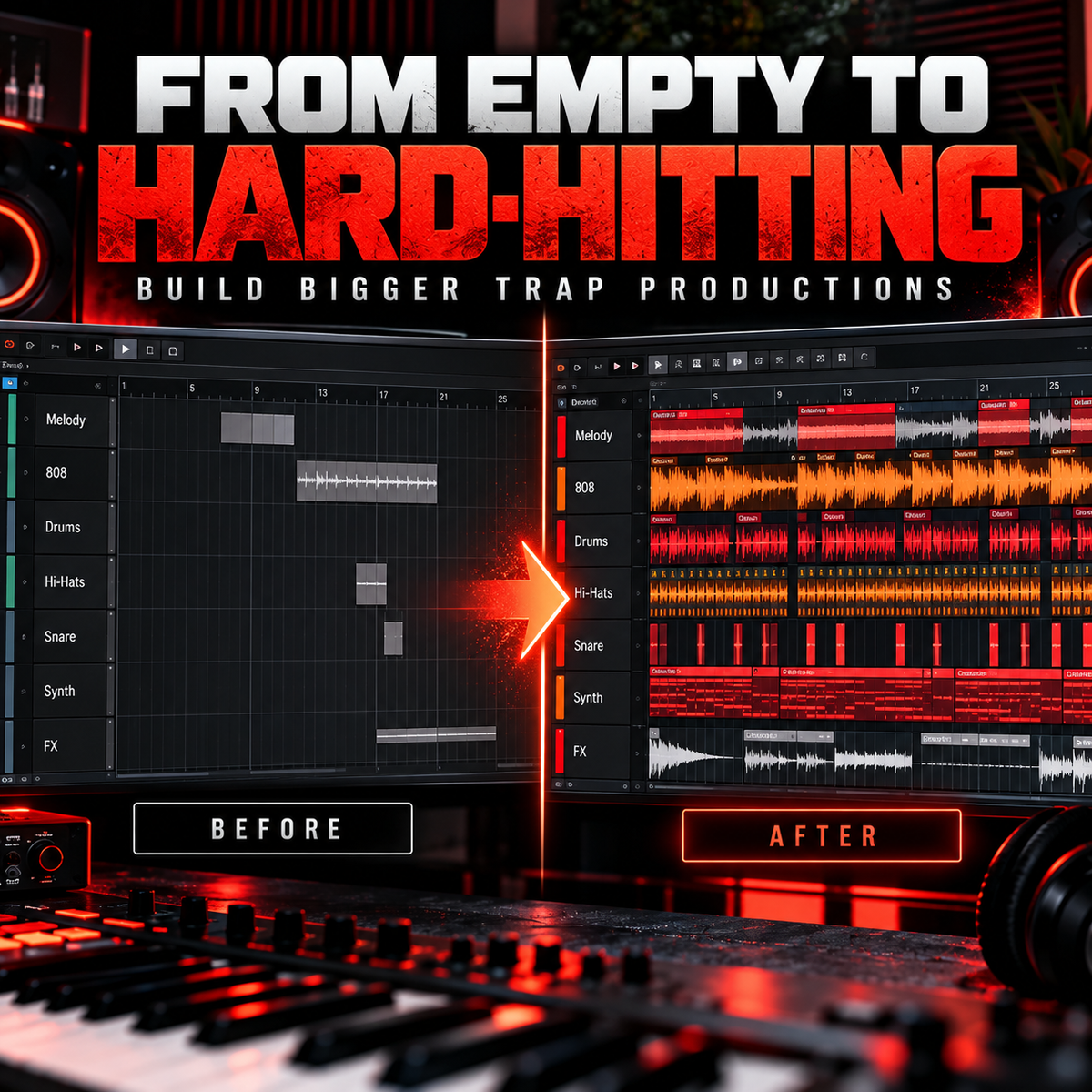 Promotional graphic for a digital audio workstation or production course, showing a computer screen with a music production interface labeled 'Before' and 'After' with a glowing red arrow between them. Large text at the top reads 'FROM EMPTY TO HARD-HITTING' and 'BUILD BIGGER TRAP PRODUCTIONS.