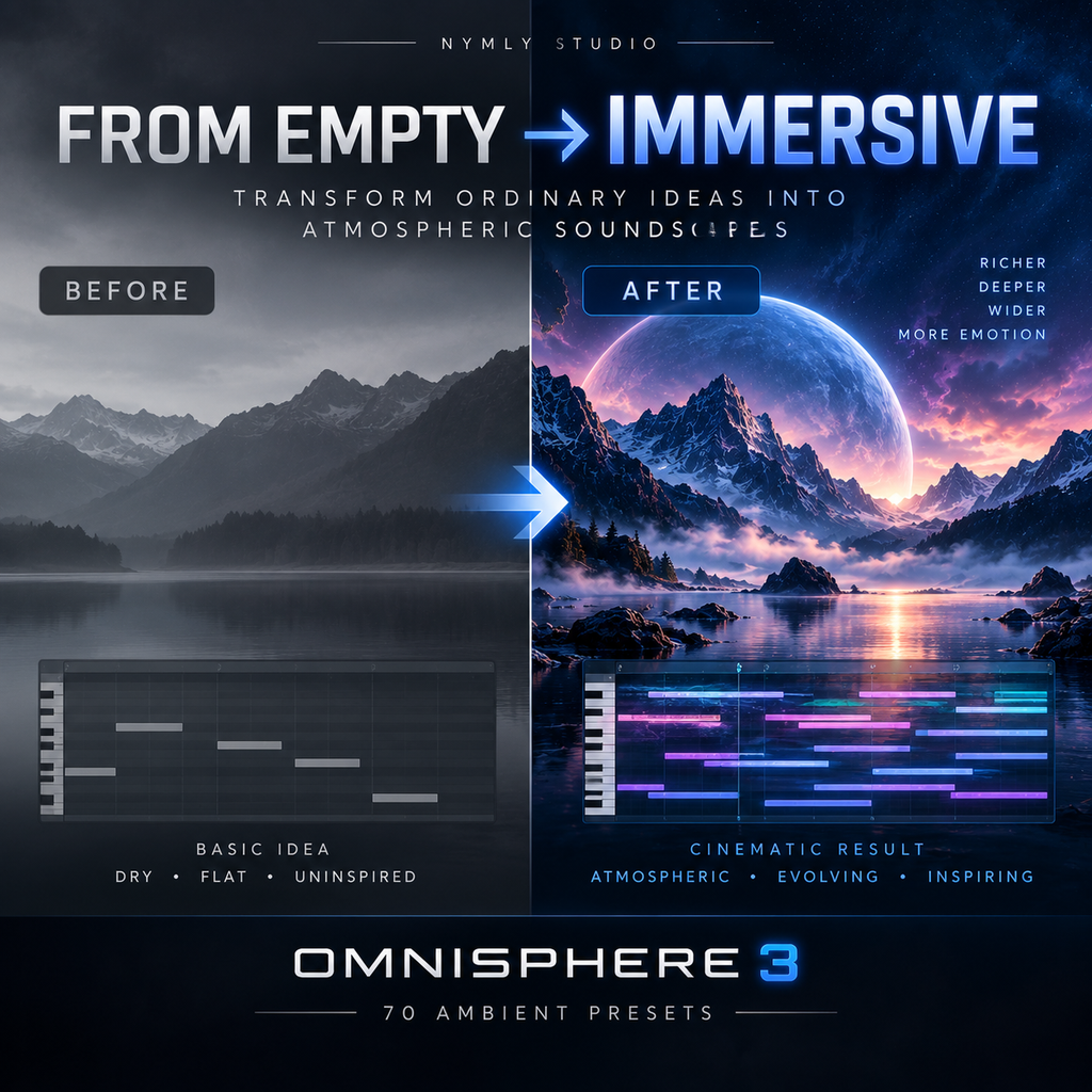 Promotional graphic for Omnisphere 3 ambient presets by Nymly Studio, showing a before-and-after sound design comparison with mountain landscapes and a piano keyboard, labeled 'From Empty -> Immersive'.