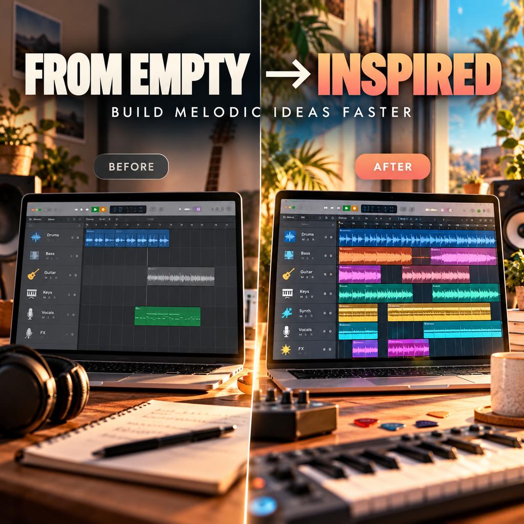 A split-screen promotional graphic showing a laptop with a digital audio workstation interface on a desk. The left side is labeled BEFORE and is dimmer, while the right side is labeled AFTER and is brighter, with colorful audio clips arranged in the software.