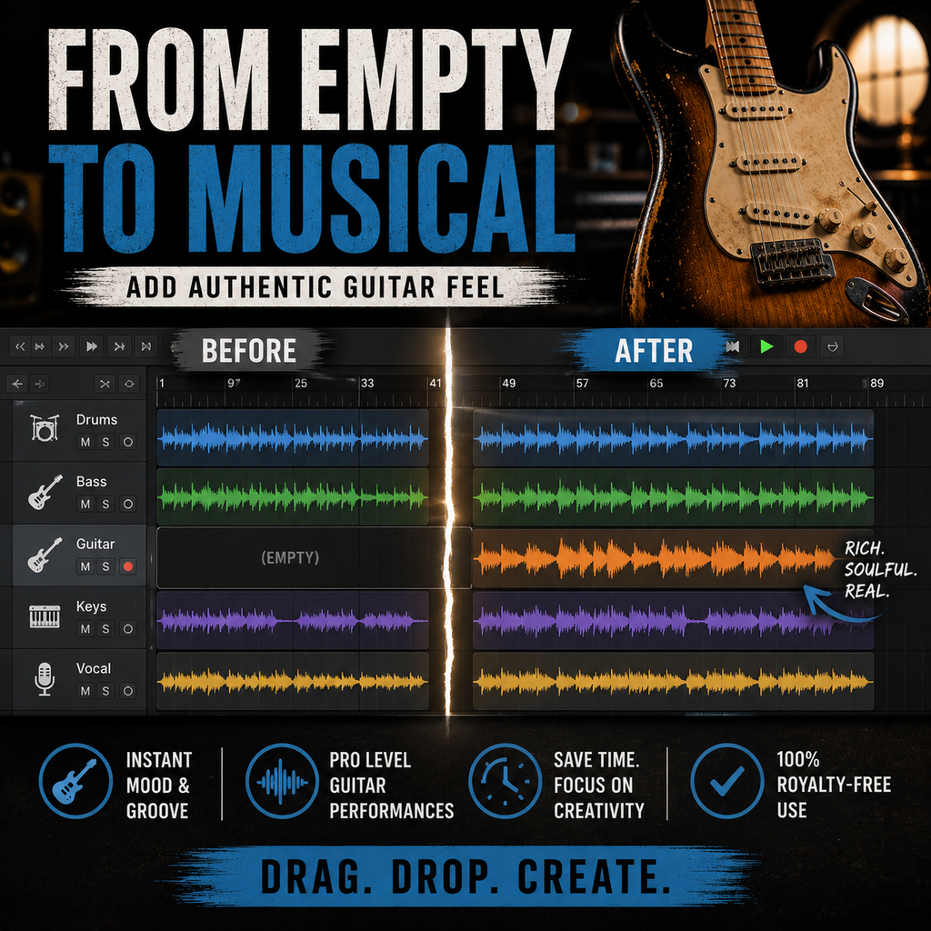 Promotional graphic for a digital audio software feature, showing a before-and-after comparison of soundwave editing on a guitar riff. The left side is labeled 'BEFORE' with empty tracks, and the right side is labeled 'AFTER' with colorful, vibrant soundwaves.