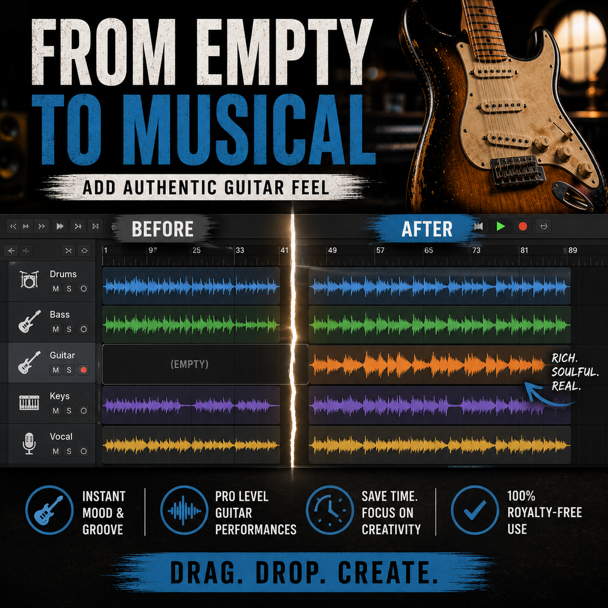 Promotional graphic for a digital audio software feature, showing a before-and-after comparison of soundwave editing on a guitar riff. The left side is labeled 'BEFORE' with empty tracks, and the right side is labeled 'AFTER' with colorful, vibrant soundwaves.