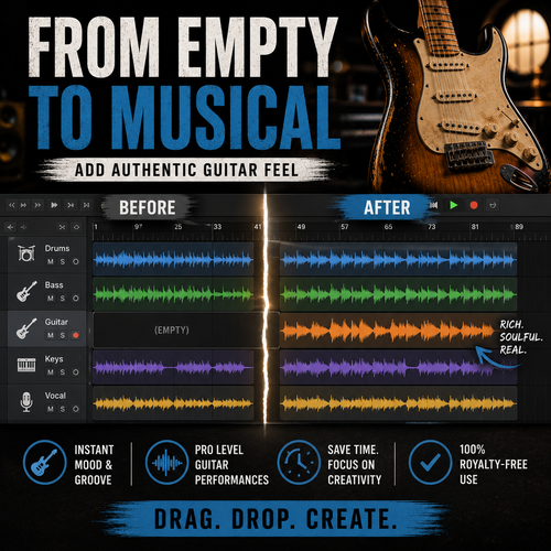 Promotional graphic for a digital audio software feature, showing a before-and-after comparison of soundwave editing on a guitar riff. The left side is labeled 'BEFORE' with empty tracks, and the right side is labeled 'AFTER' with colorful, vibrant soundwaves.