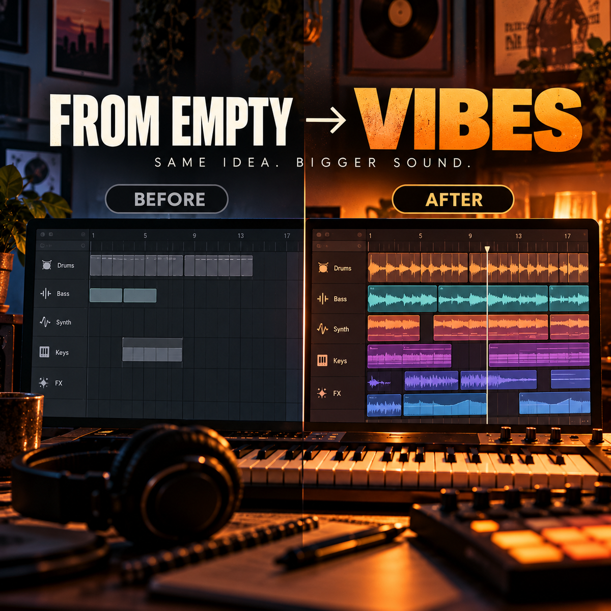 Promotional graphic for a digital audio workstation or sound library, showing a split-screen comparison labeled 'FROM EMPTY' and 'VIBES'. The left side shows a sparse, empty track arrangement, while the right side shows a full, colorful arrangement with multiple audio and MIDI layers.