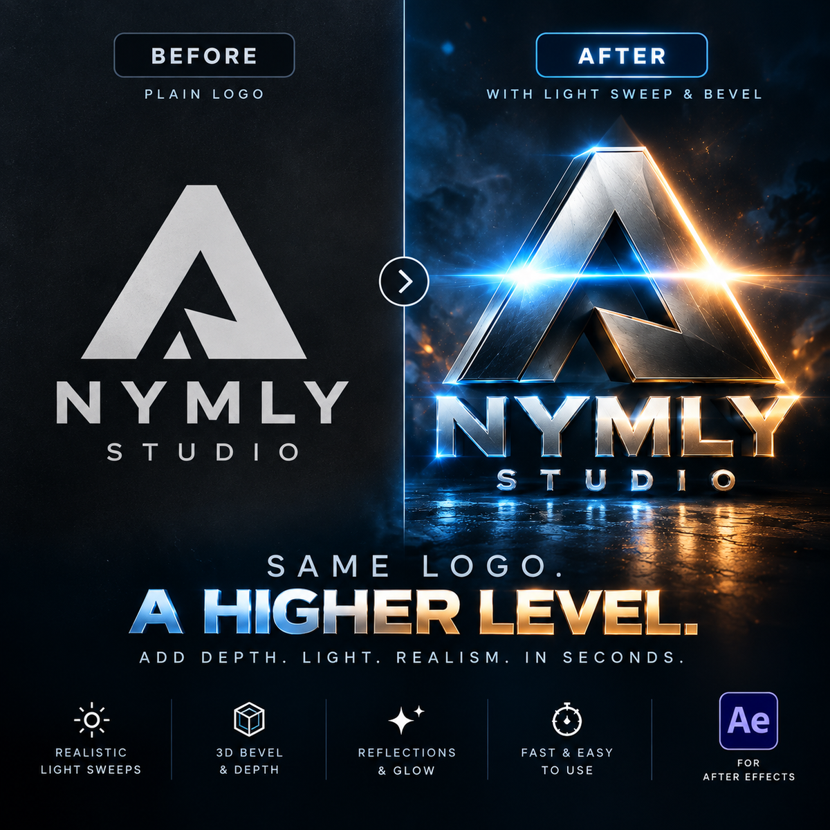 Before-and-after graphic showing a logo design upgrade for 'NYMLY STUDIO'. The left side, labeled 'BEFORE', shows a plain gray logo on a dark background.