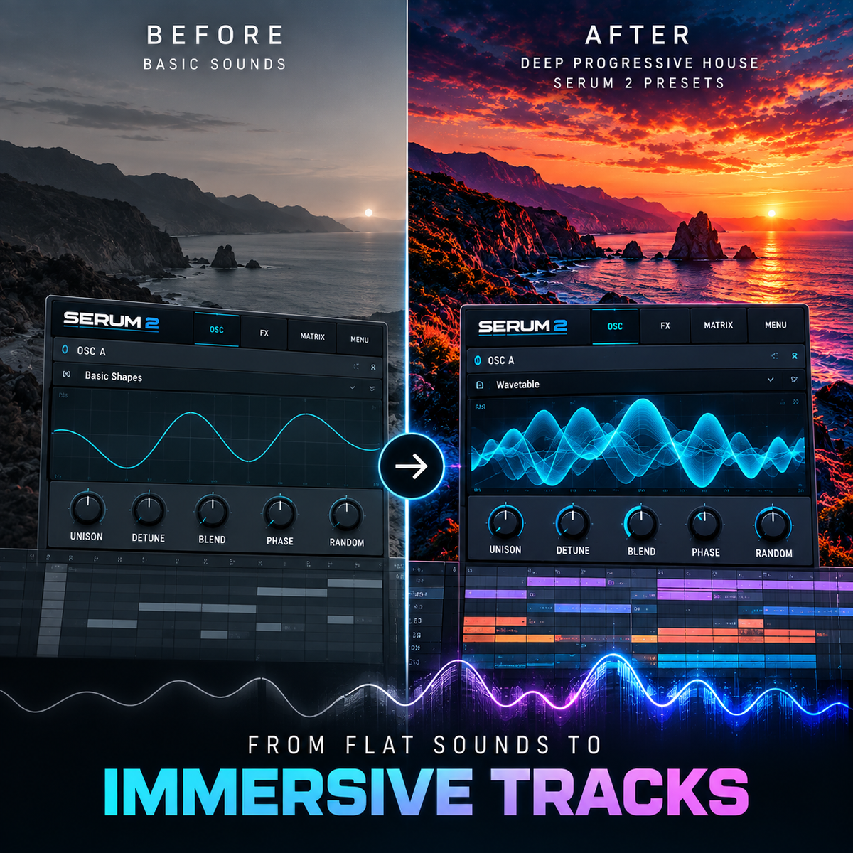 Promotional graphic for Serum 2 audio presets showing a side-by-side 'Before' and 'After' comparison. The left side displays a dark, basic waveform with a muted sunset landscape, labeled 'BEFORE'.