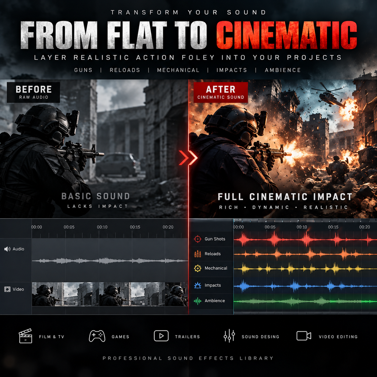 Promotional graphic for a sound effect library titled 'FROM FLAT TO CINEMATIC,' showing a before-and-after comparison of action scene audio. The left side labeled 'Basic Sound' is dark and muted, while the right side labeled 'Full Cinematic Impact' is dramatic and fiery.