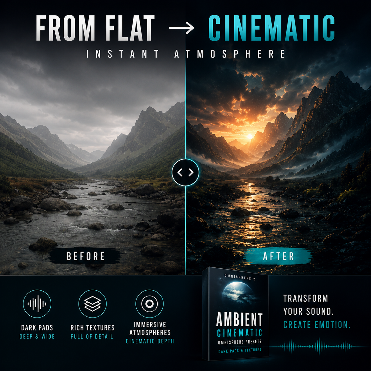 Before and after ambient cinematic presets creating deeper, richer, more immersive sound textures.