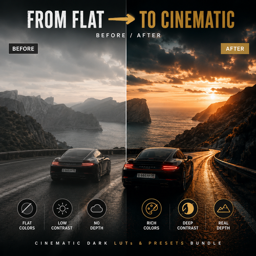 A promotional before-and-after graphic showing a coastal road scene with two black sports cars. The left side is labeled 'FROM FLAT BEFORE' with muted, flat lighting; the right side is labeled 'TO CINEMATIC AFTER' with dramatic golden-hour lighting.