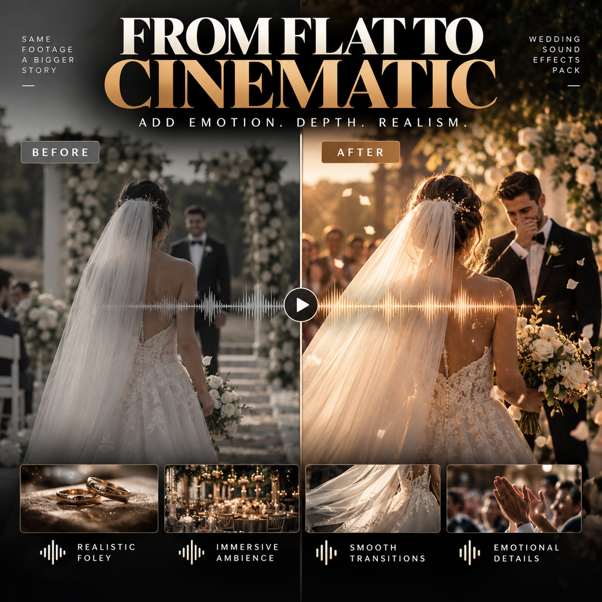 Promotional graphic for a wedding sound effects pack titled 'FROM FLAT TO CINEMATIC'. The image shows a before-and-after comparison of a bride and groom at their wedding, with the left side in muted, flat lighting labeled 'BEFORE' and the right side in warm, cinematic golden-hour lighting labeled 'AFTER'.