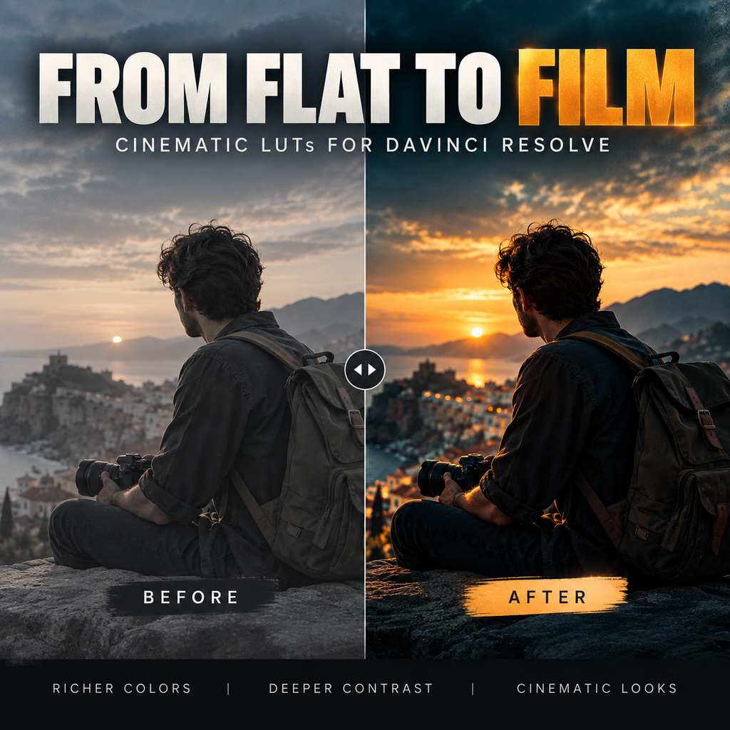 Promotional graphic for a Davinci Resolve preset pack titled 'FROM FLAT TO FILM'. The image features a split-screen comparison of a man sitting outdoors at sunset, labeled 'BEFORE' on the left and 'AFTER' on the right, showing a dramatic color grading transformation from muted natural tones to rich, warm cinematic colors.