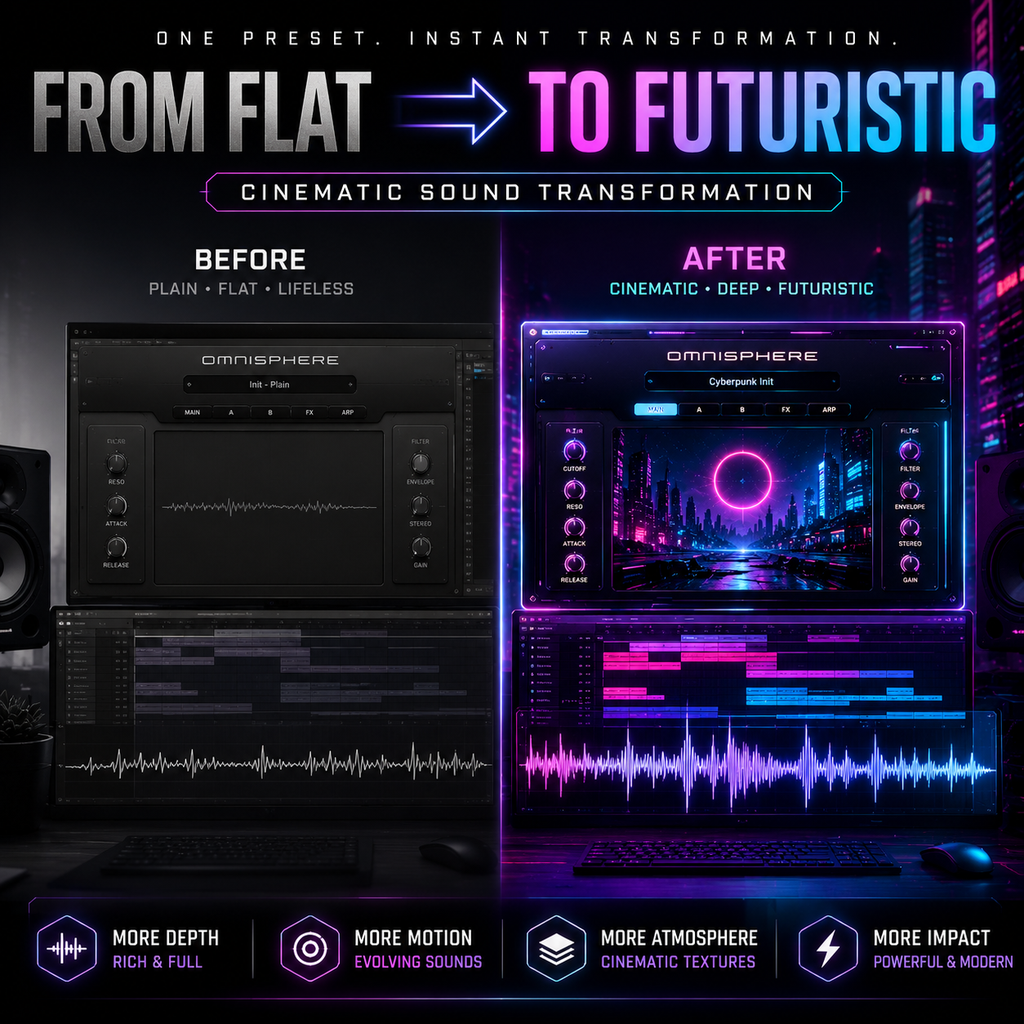 Promotional graphic for a sound transformation preset or software feature, showing a dark audio plugin interface labeled 'Omnisphere' before and after editing. The left side reads 'Before' with a plain waveform, and the right side reads 'After' with a vivid neon city waveform in purple, blue, and pink.