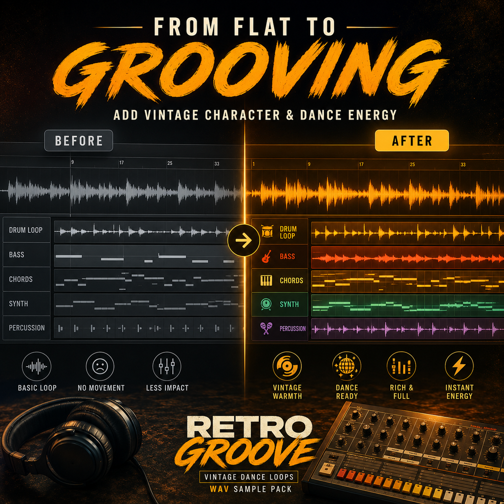 Promotional graphic for a music sample pack titled 'FROM FLAT TO GROOVING' with 'RETRO GROOVE' at the bottom. The design shows waveform comparison panels labeled BEFORE and AFTER, with orange and yellow retro effects applied to drum loops, bass, chords, synth, and percussion.