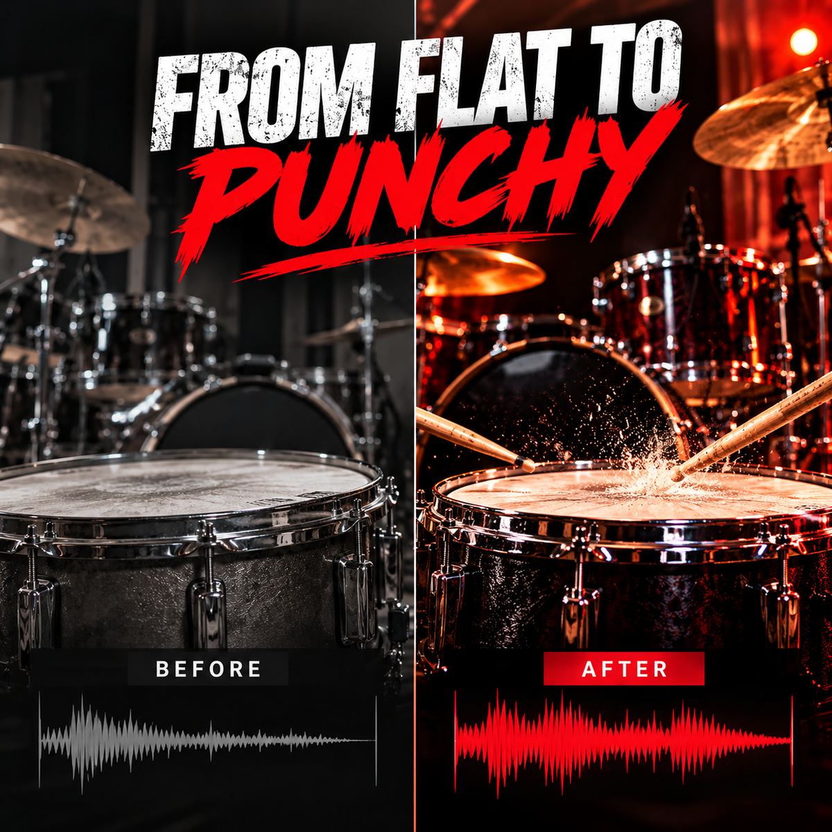 A promotional before-and-after comparison for a drum kit or drumming setup. The left half is dark and labeled 'BEFORE' with a white soundwave graphic, showing a drum kit in low light.