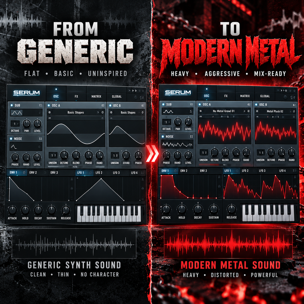 Before and after using Modern Metal Serum Presets for heavy Nu Metal and Metalcore synth sounds.