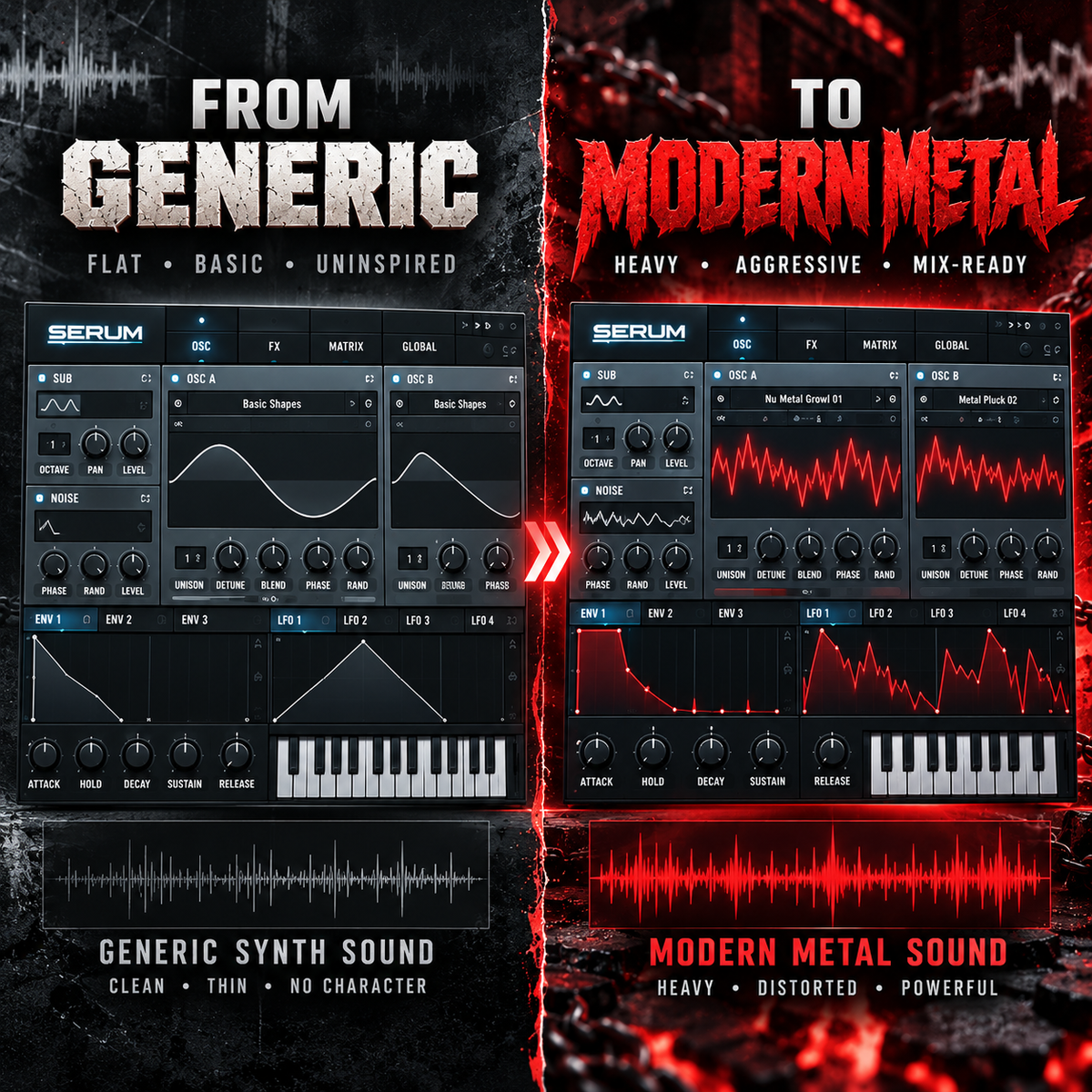 Before and after using Modern Metal Serum Presets for heavy Nu Metal and Metalcore synth sounds.