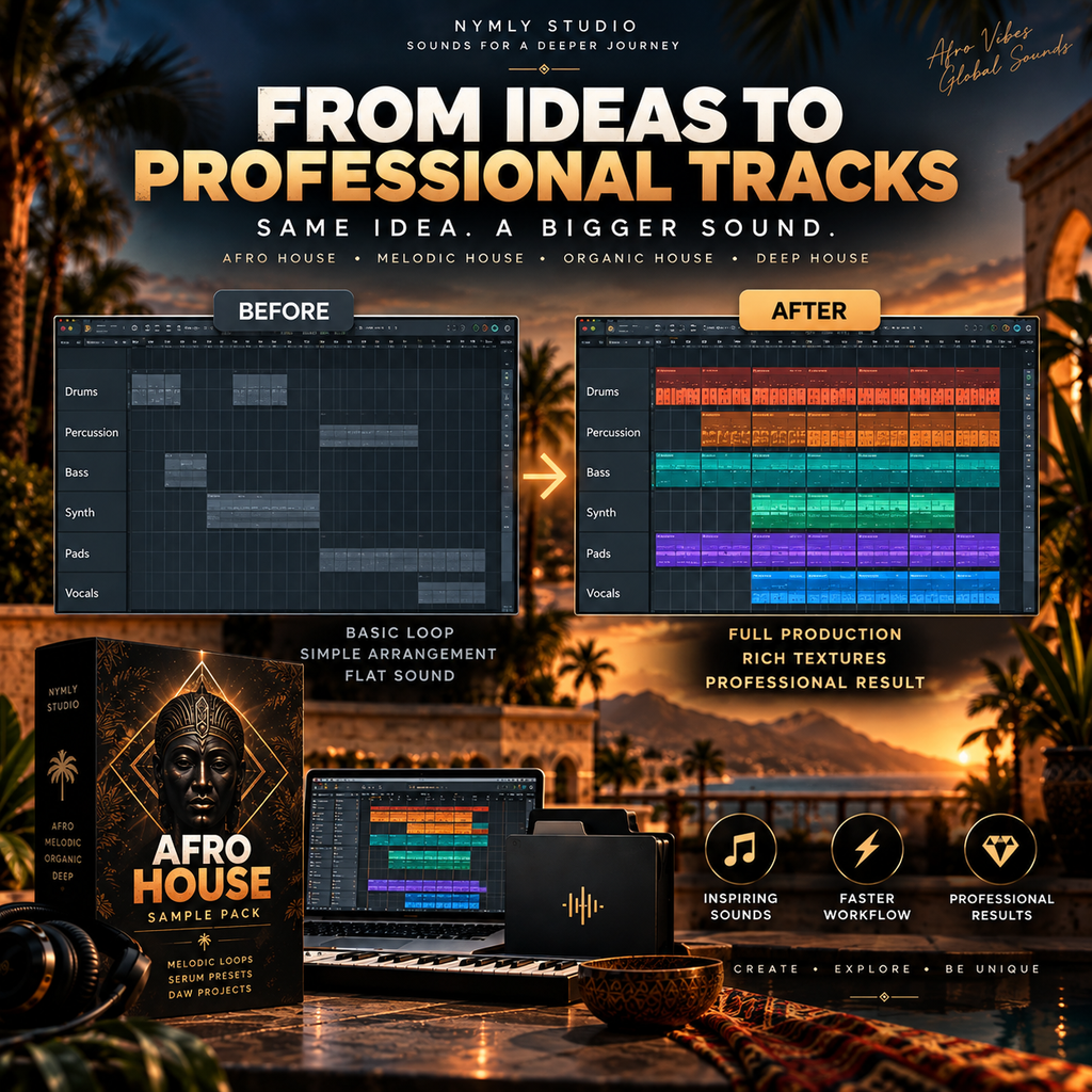 Promotional graphic for an Afrobeastful house music sample pack by Nymly Studio, showing a 'Before' and 'After' production comparison with software interface screenshots, a boxed sample pack, a laptop, and a smartphone over a warm sunset beach backdrop.