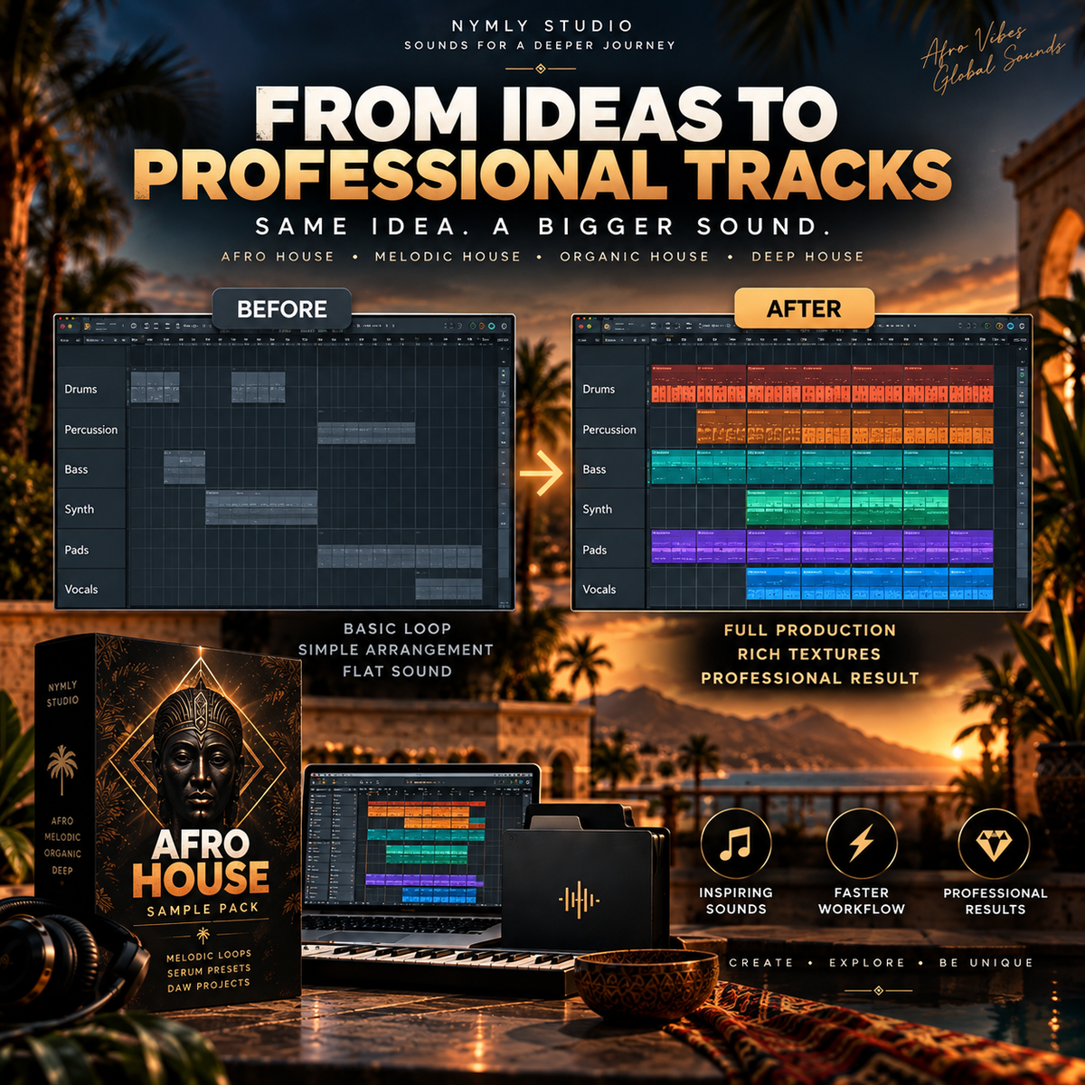 Promotional graphic for an Afrobeastful house music sample pack by Nymly Studio, showing a 'Before' and 'After' production comparison with software interface screenshots, a boxed sample pack, a laptop, and a smartphone over a warm sunset beach backdrop.
