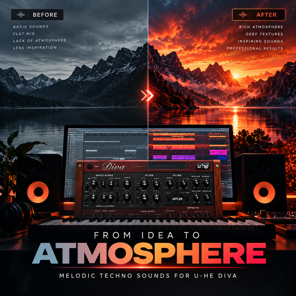 Before-and-after melodic techno production concept featuring u-he Diva presets, MIDI loops, and cinematic synth textures.