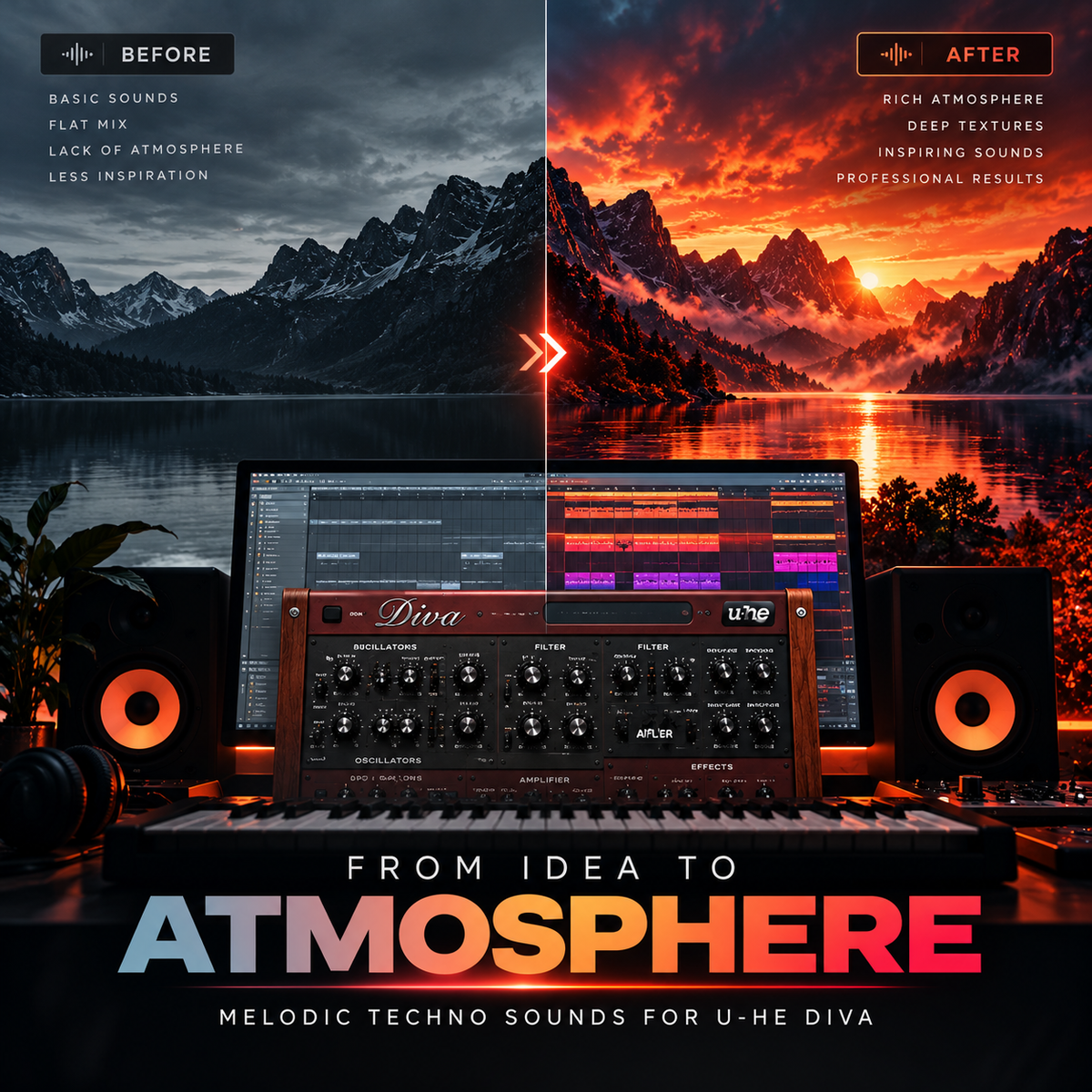 Before-and-after melodic techno production concept featuring u-he Diva presets, MIDI loops, and cinematic synth textures.