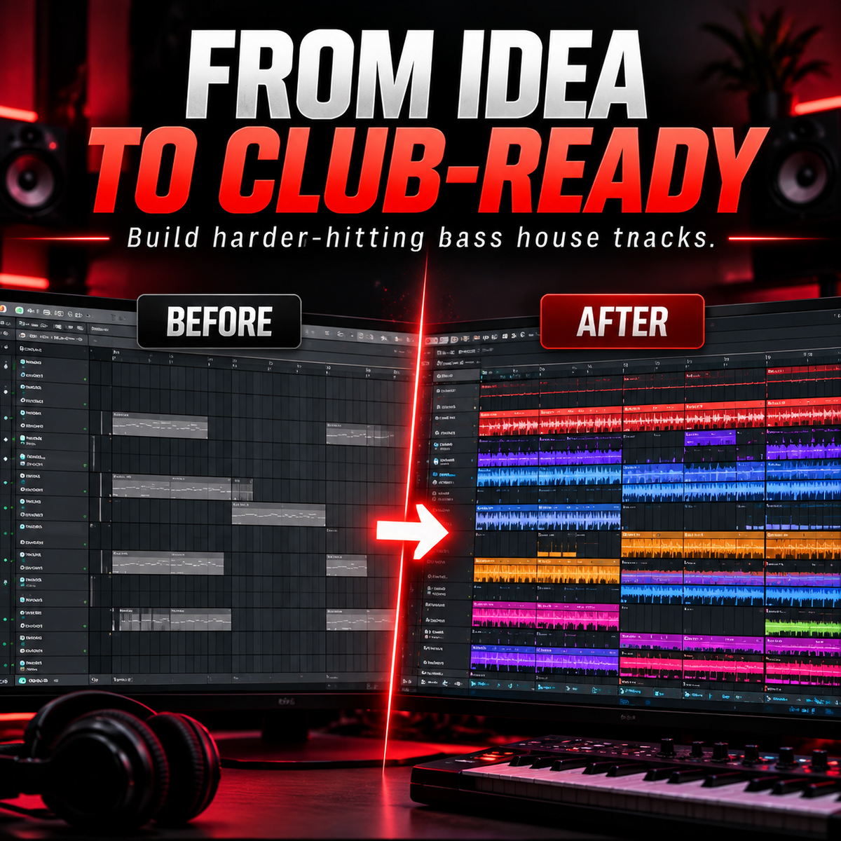 Bass House sample pack before-and-after DAW arrangement showing sparse tracks transformed into a layered, colorful electronic music production.