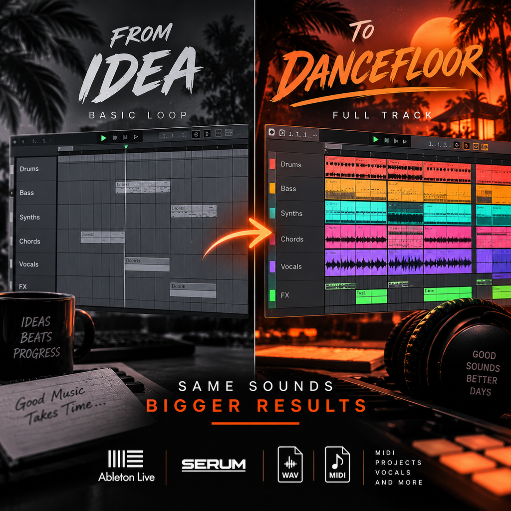 Promotional graphic for Ableton Live and Serum music production software, split into two panels: 'FROM IDEA BASIC LOOP' on the left with a dark scene and audio track editor, and 'TO DANCEFLOOR FULL TRACK' on the right with a warm sunset scene and multicolored audio waveforms. Text reads 'SAME SOUNDS BIGGER RESULTS' with Ableton Live, Serum, WAV, and MIDI logos at the bottom.