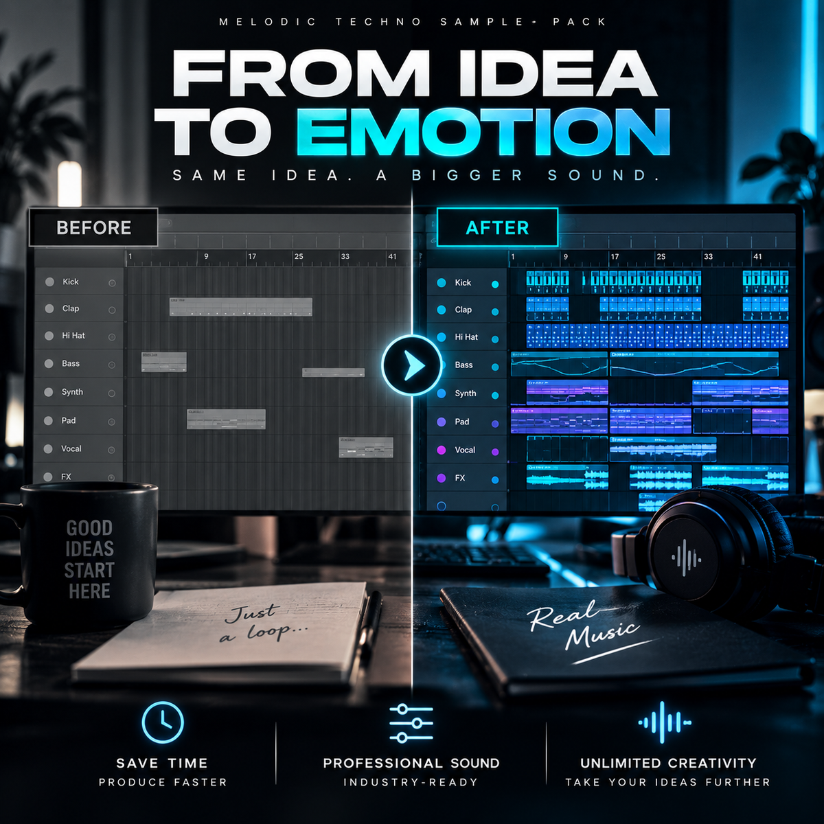 Promotional graphic for a melodic techno sample pack titled 'From Idea to Emotion'. The image shows a split-screen comparison of digital audio workstation timelines labeled 'Before' and 'After', with glowing blue audio waveforms and clips on dark interfaces.