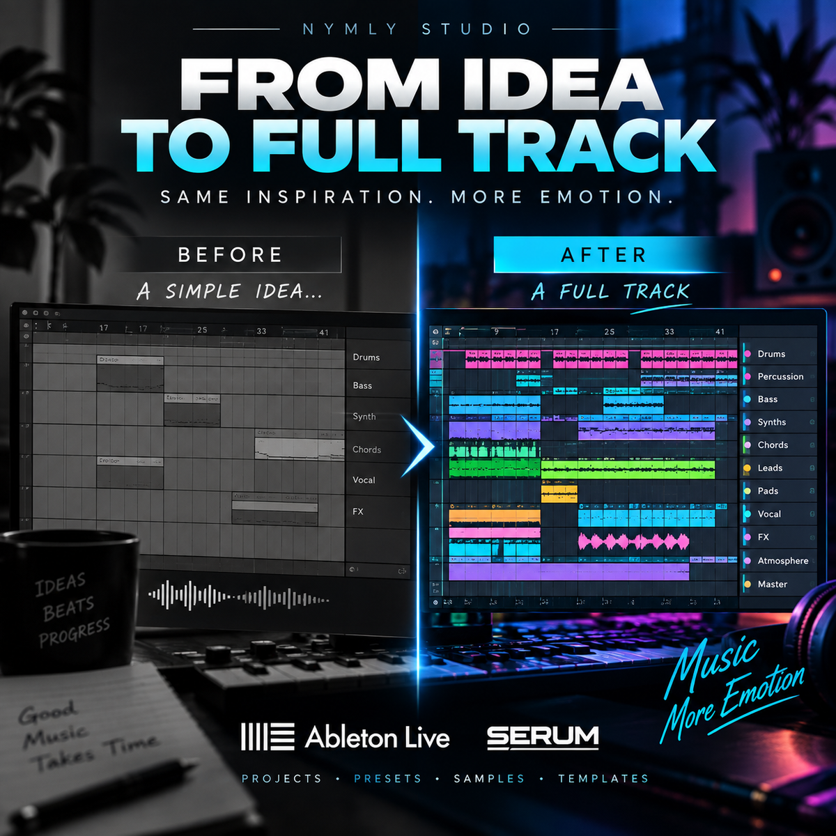 Promotional graphic for a digital music production template by Nymly Studio, showing a before-and-after comparison of audio arrangement software interfaces. The left side shows a simple timeline on a laptop screen labeled 'Before', while the right side shows a colorful multi-track arrangement on another laptop screen labeled 'After'.