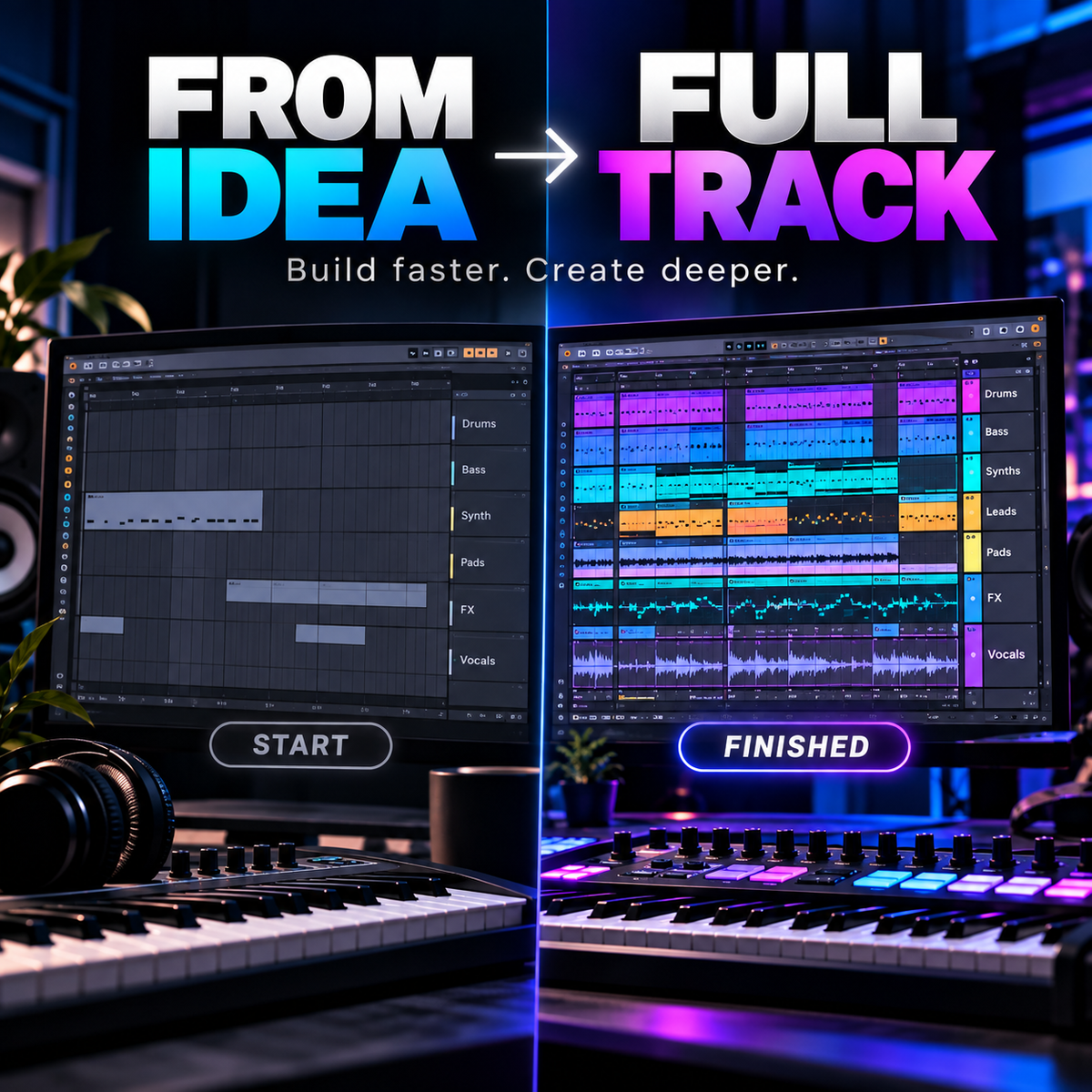 Electronic music sample pack showing a basic project transformed into a polished layered production