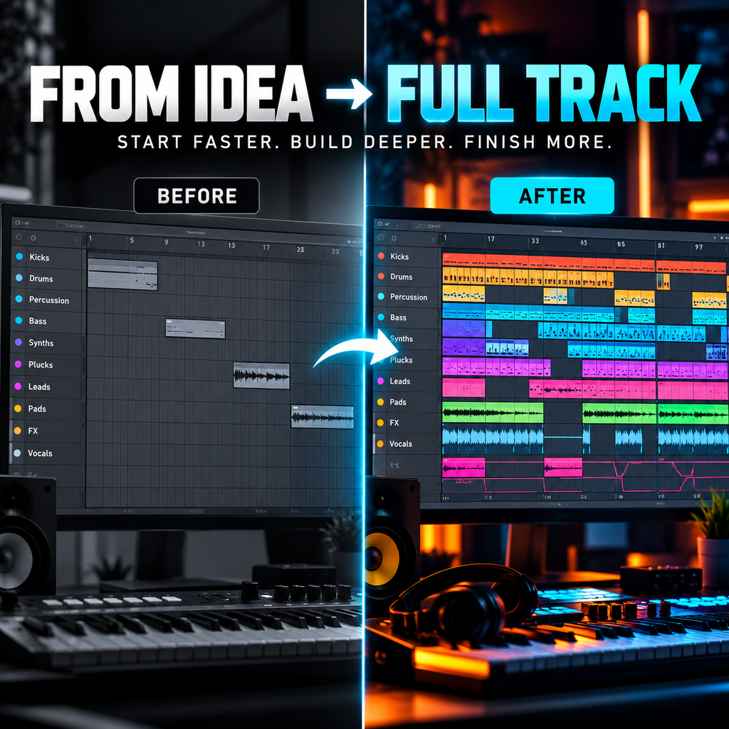 Before-and-after comparison graphic for a digital audio workstation software or service. The left side, labeled 'BEFORE', shows a dark computer monitor with a simple audio track grid and keyboard in the foreground.