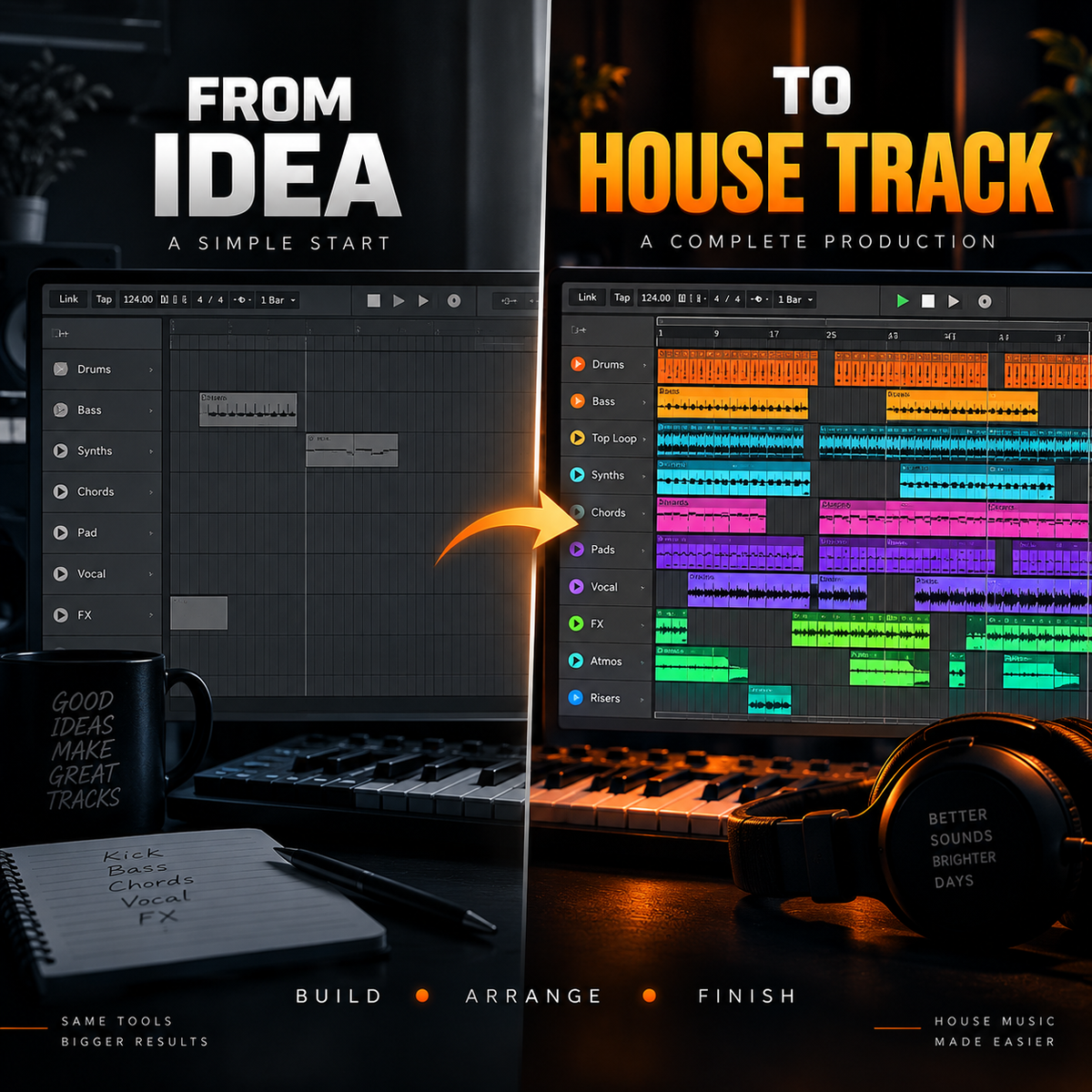 A promotional split comparison graphic for a music production software or course. The left side shows a dark digital audio workstation interface on a laptop with a keyboard, headphones, notebook, and pen in a dim room, captioned 'FROM IDEA A SIMPLE START.