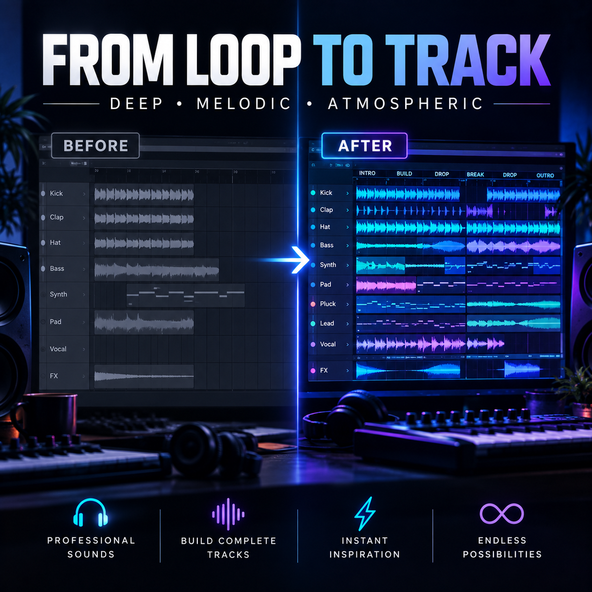Promotional graphic for a digital audio software feature, titled 'FROM LOOP TO TRACK', showing a split-screen comparison of audio track editing interfaces labeled 'BEFORE' and 'AFTER'. The left side shows a dark, sparse track arrangement, while the right side displays a highly detailed, melodic, and atmospheric track with multiple layered audio and MIDI clips in blue, purple, and pink.