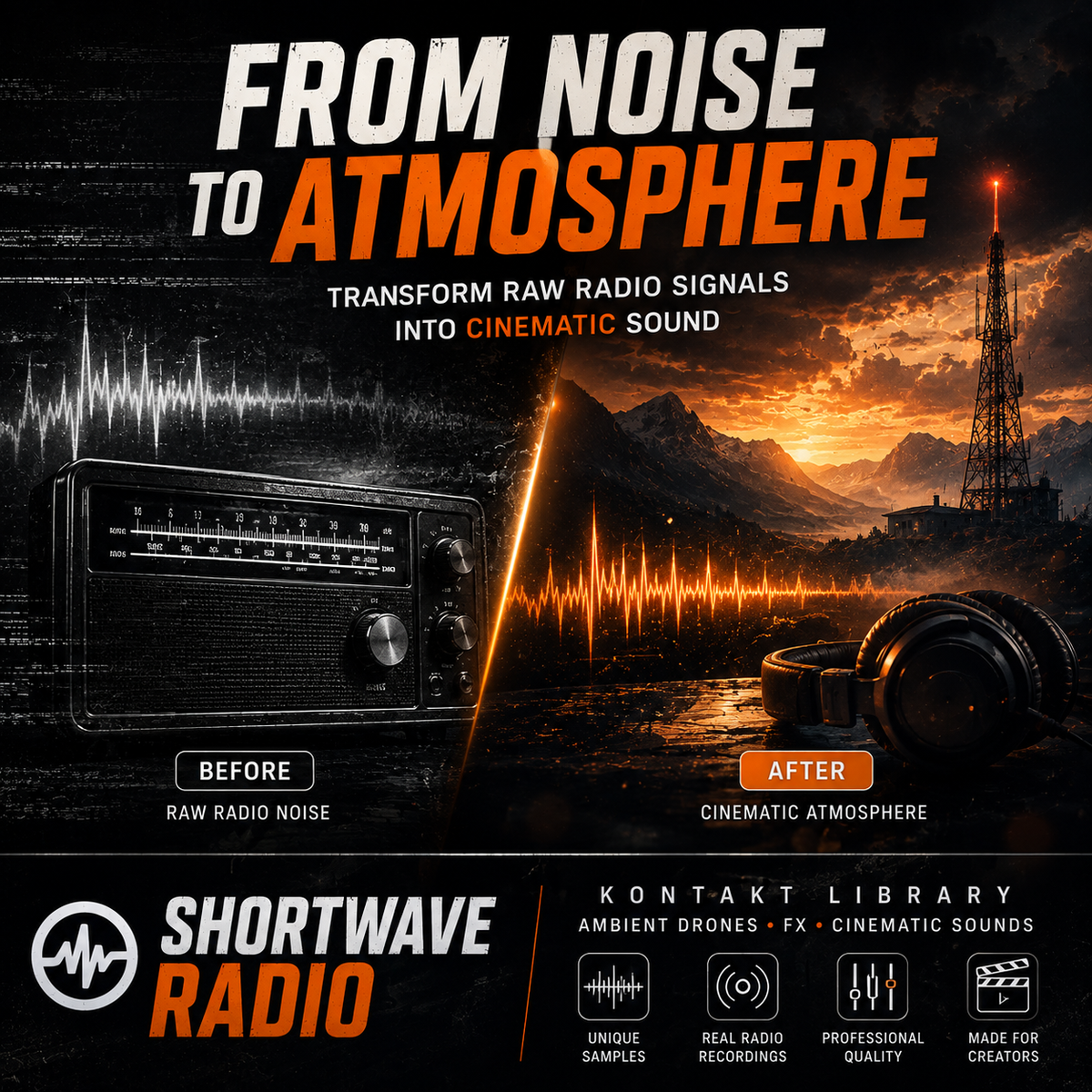 Promotional graphic for Shortwave Radio featuring the text 'FROM NOISE TO ATMOSPHERE' and 'TRANSFORM RAW RADIO SIGNALS INTO CINEMATIC SOUND.' The left side shows a vintage radio labeled 'BEFORE' with raw radio noise, while the right side shows headphones and a dramatic sunset landscape labeled 'AFTER' with cinematic atmosphere.