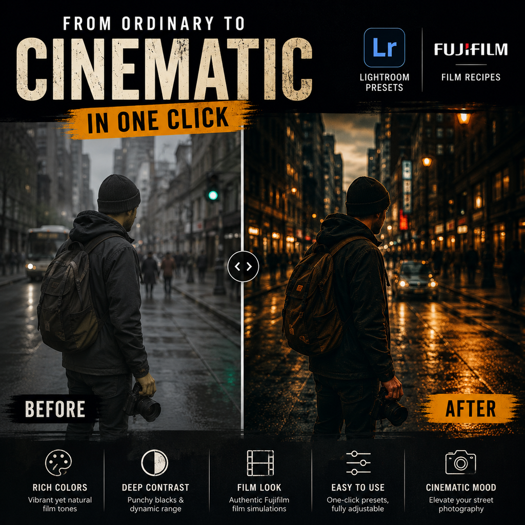 Promotional graphic for a photo editing preset and recipe pack, showing a split-screen comparison of a street scene with a person from behind. The left side is labeled 'Before' and is in a dark, muted tone, while the right side is labeled 'After' and is warmer, more cinematic.