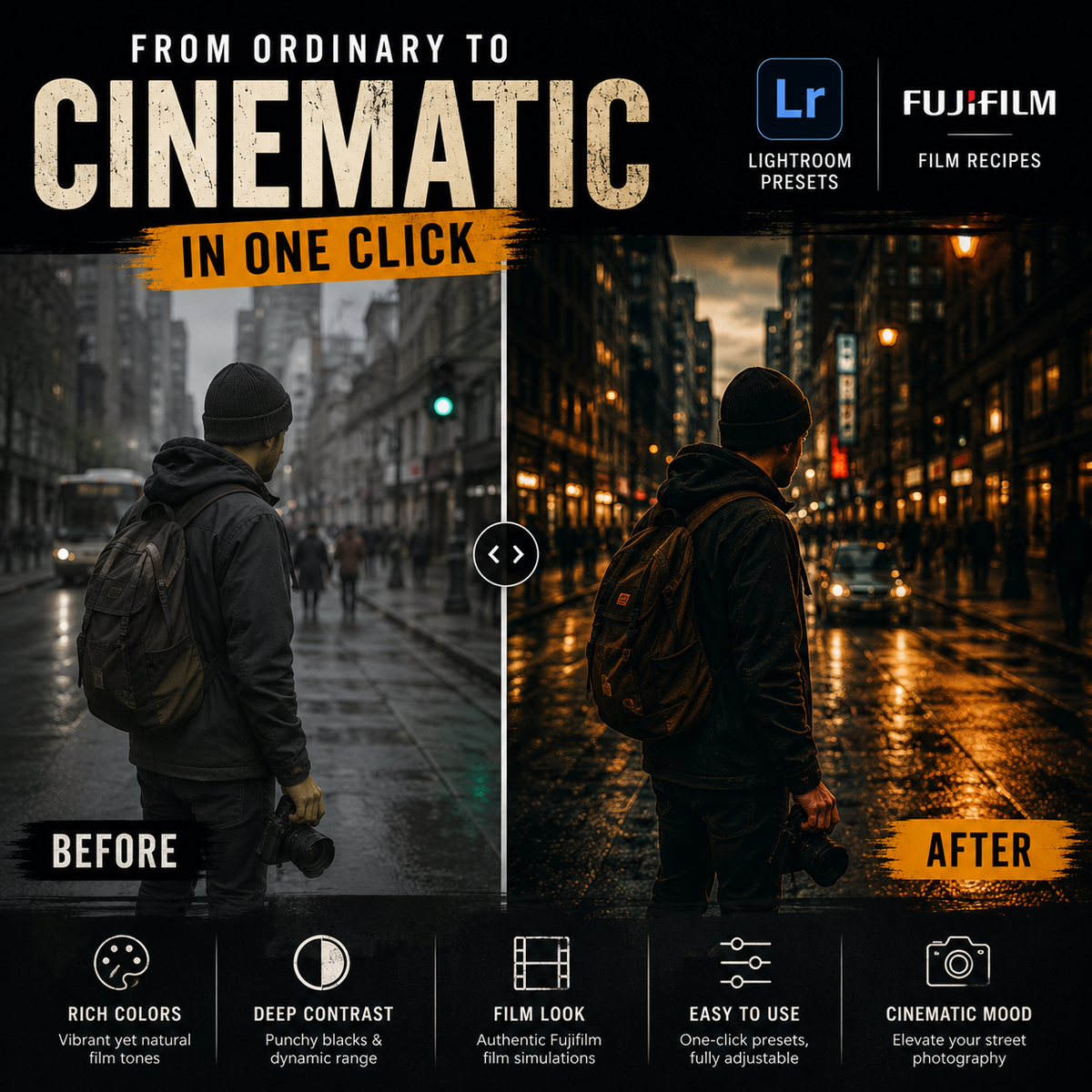 Promotional graphic for a photo editing preset and recipe pack, showing a split-screen comparison of a street scene with a person from behind. The left side is labeled 'Before' and is in a dark, muted tone, while the right side is labeled 'After' and is warmer, more cinematic.