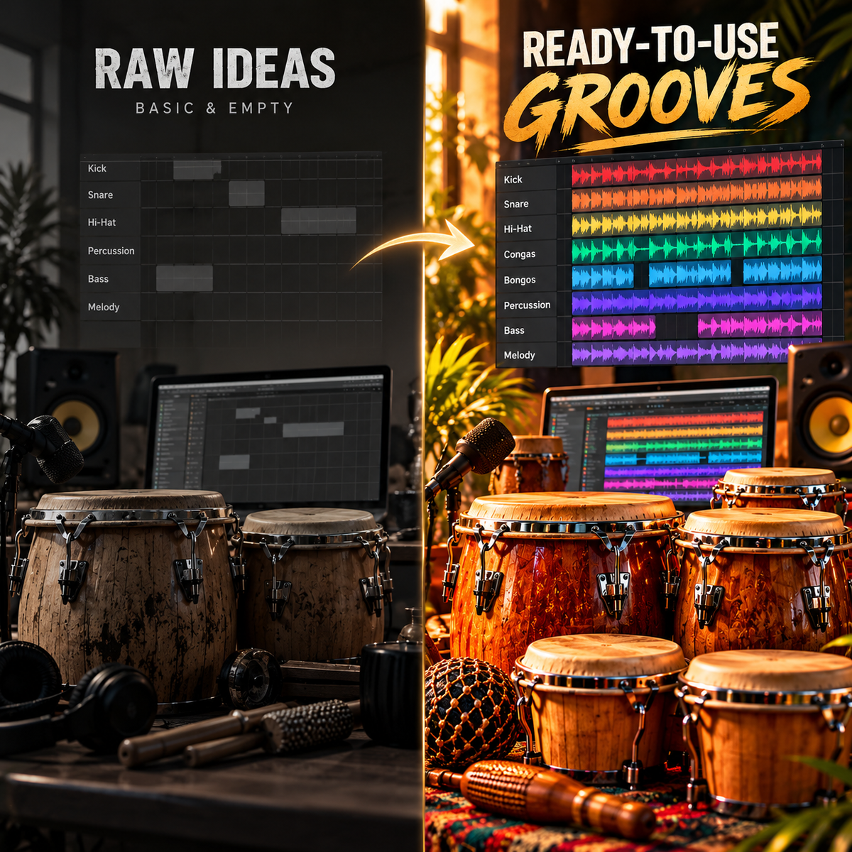 Latin percussion WAV samples transform a basic music session into vibrant salsa grooves with congas, bongos, and layered audio waveforms.