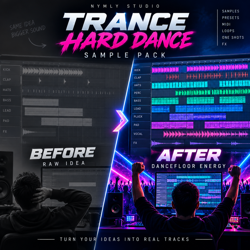 Promotional cover art for a digital sample pack titled 'Trance Hard Dance Sample Pack' by Nymly Studio. The design is split into a dark gray 'Before' section showing audio editing software timelines and a person with hands behind their head, and a vibrant neon purple 'After' section showing a club scene with raised arms and computer screens.