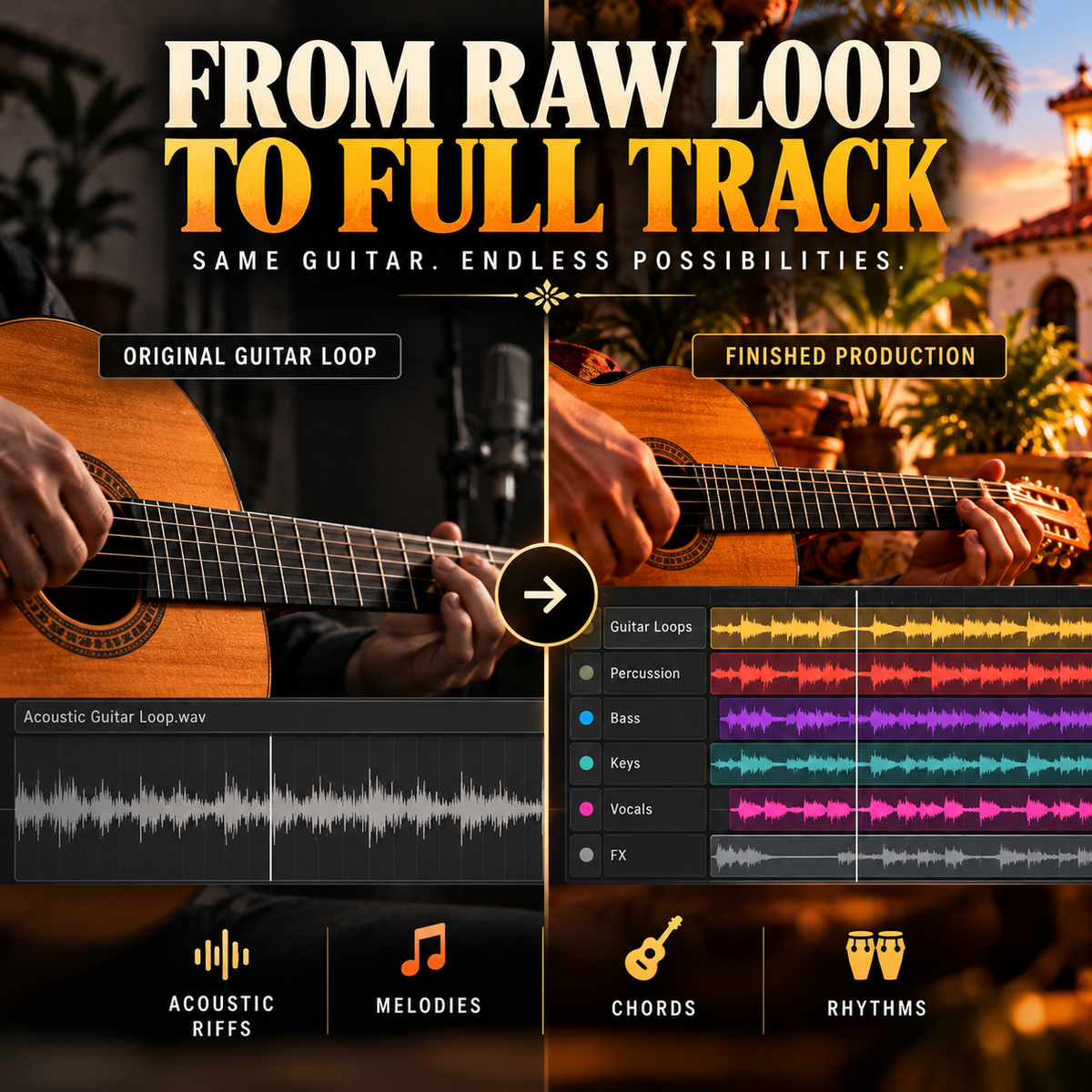 Promotional graphic for a music production software feature, showing a split-screen comparison of an acoustic guitar loop on the left and a finished track on the right with multicolored audio waveforms and labels for acoustic riffs, melodies, chords, and rhythms.